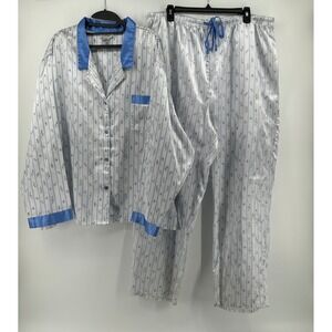 Kathryn Pajama Set Blue White Floral Stripe Satin 2X Cottage Grandma VTG Style
